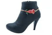 Women Gold Metal Chain Boot Bracelet Shoe Anklet Red Flower Charm