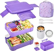 SlowTon Bento Lunch Box Set for Kids, Stackable Leak-Proof Lunch Box with 8.8oz Soup Thermo & Insulated Lunch Bag, BPA Free Food Container with Utensil Set for Boys Girls School Travel