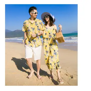海灘渡假黃波蘿細肩背心連身濶腿褲花襯衫親子裝情侶裝
