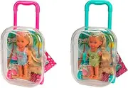 SIMBA 105733739 Evi Love Travel, 2 Assorted Colours, Only One Item Delivered, Toy Doll in Rolling Suitcase, She Wearing a Swimsuit with Ruffles Including Sunglasses and Ice Cream, 12 cm, from 3 Years