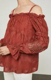 $238 NWT BCBGMAXAZRIA SzS OFF THE SHOULDER EMBROIDERED PEASANT TOP TANDORI