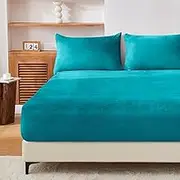 LINENOVA Teddy Fleece Fitted Sheet Set Double Size, Super Soft Flannel, Extra Warm & Cozy for Winter, 40cm Deep Pocket, Includes 1 Fitted Sheet & 2 Pillowcases, No Flat Sheet – Teal(3-Piece Set)