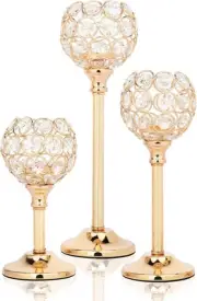 Set of 3 Gold Candle Holders, Luxury Crystal Candlestick Holders for Wedding Tab
