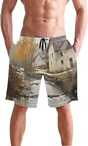[XYMZR] Landscape Retro Country Men's Swim Trunks Quick-Dry Bathing Suit Swimming Board Shorts S