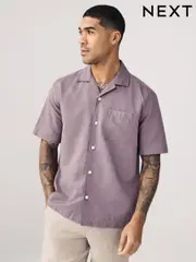 Mauve Purple Cuban Collar Cotton Linen Blend Short Sleeve Shirt (AA1159) | $51