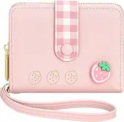 [BIAOTIE] RFID Wallet Women, Small Leather Bifold Cute Wallet with Zipper Coin Pocket Purse for Women, Ladies, Female, Pink, Fruits