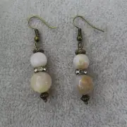 AGATE Crystal Beads Dangle Earrings Antique Bronze Tone Artisan Earthy