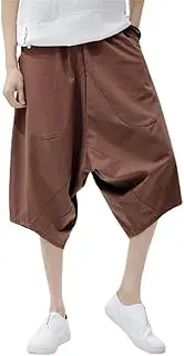 [Kelukes] Men's Hip Hop Joggers Harem Low Crotch Sweatpants Casual Yoga Capri Baggy Elastic Waist Gym Boho 3/4 Pants, Brown, Medium