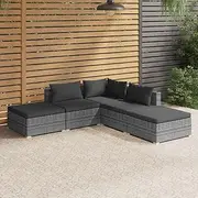 5 Piece Garden Patio Furniture Lounge Set with Cushions, Poly Rattan Chairs, Grey Outdoor Seating, Modular Conversation Sofa, Porch or Balcony Patio Set, Durable Steel Frame and Fabric