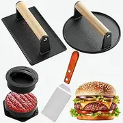 4PCS Burger Press Kit, Burger Smasher, Heavy-Duty Cast Iron Burger Presses, Meat Smasher with Stuffed Burger Press, Bacon Hamburger Maker for Flat Top Grill, for Sandwich, Steak, Nonstick Pan