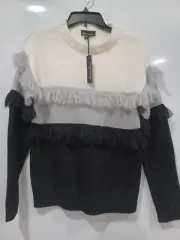 Alison Andrews NWT Women's Sm Blk Gry Wht Pullover Fringe Accented Sweater