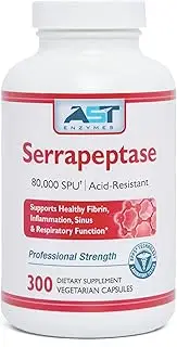 AST Enzymes Serrapeptase 80,000 SPU - 300 Vegetarian Capsules - Premium Natural Systemic Enzymes - Enteric-Coated Serrapeptase -