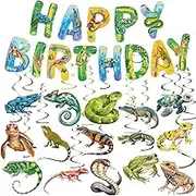 Reptile Jungle Happy Birthday Banner and 15 Pcs Reptile Hanging Swirl Wildlife Snake Alligator Lizard Turtle Camping Wilderness Jungle Birthday Party Decorations