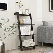 Giantex 4-Tier Ladder Shelf, Wall Leaning Wood Bookshelf with Anti-toppling Device, Anti-Falling Baffles, Multipurpose Storage Rack Shelves for Study Living Room Kitchen Office (Black)