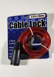 NEW MULTI PURPOSE CABLE LOCK 3.0 FT x 10 MM RED 2 KEYS BIKES & MOTORCYCLES