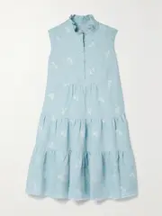 [Erdem] Erdem - Porto Tiered Embroidered Linen Mini Dress - Blue - UK 16 UK 16 Blue