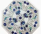 Elephant Design Inlay Work Coffee Table Top Octagon White Marble Bed Side Table