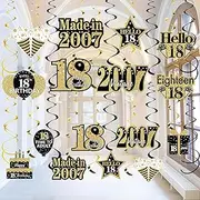 16pcs 18th Birthday Decorations Hanging Swirls for Boys Girls, Black Gold Vintage 2005 18th Birthday Foil Swirls Party Supplies, Eighteen Year Old Birthday Ceiling Hanging Decorations