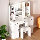 White Dressing Table With LED Mirror Stool Set Girl Makeup Vanity Desk 3 Drawers