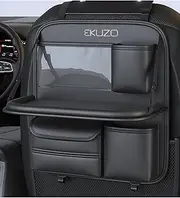 EKUZO Back Seat Car Organizer with Tray,Foldable Car Table for Kids Travel Backseat Tissue Holder with Big Pockets Waterproof Leather (Black)