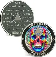 Sobriety Chip, Grateful I Am Alive Skull AA Coin and Medallions Sobriety Coin Recovery Token with Serenity Prayer Sobriety Gifts