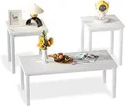 Hooseng 3 Piece Coffee Table Set, Faux Marble Tabletop Style with Black Metal Frame Sofa Side Tables Perfect for Living Room Accent Furniture,Includes Table & 2 End Tables, White
