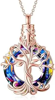 DOTUIARG Stainless Steel Tree of Life Urn Necklace for Ashes Cremation Jewelry with Circle Crystal Memorial Keepsake Jewelry Gifts