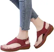 [JSMY] Womens Platform Flip Flops Wedge Open Toe Sandals Beach Breathable Buckle Ankle Strap Clip Toe Sandals Summer Ladies Sandals Sliders Shoes,Red,US7/EU38