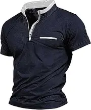 [Zylphorix] Men's Lapel Short Sleeve Street Polo Shirt Classic Quarter Zipper Exercise T Shirts Summer Loose Sport Pullover, Black, XX-Large