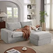 [IHDKO] 91.7" Corduroy Modular Sectional Cloud Couch with Ottoman, 4 Seater Oversized Modular Loveseat Sofa, No Assembly Required, Sleeper Chaise Deep Seat Boneless Couches for Living Room, Light Grey