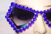 UNIQUE BOUTIQUE SEXY GEOMETRIC SHAPED ROYAL BLUE SUNGLASSES WITH SET IN STONES