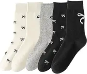 [Cunegra] 5 Pairs Womens Crew Socks with Bow Pattern Soft Breathable Funny Cute Mid-calf Socks for Girls, Black+White+Grey, One size