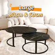 Set of 2 Coffee Table Round Nesting Side Table Black Large 80cm Marble Pattern