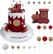 18PCS Train Cake Toppers Balls Cake Decorations with Star Cake Toppers- Red
