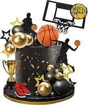DRWATE 28 PCS Basketball Cake Toppers Black Gold Ball Theme Decoration for Boy birthday Party Supplies Decorations (style 1)