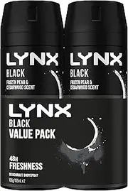 LYNX Black Aerosol Deodorant Aerosol Body Spray for Men 165 ML x 2 Pack, 48 hour Fressness