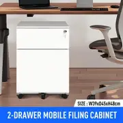 2 Drawer Steel File Cabinet White Metal Under Desk Office Filing Storage Furniture Locking Mobile Vertical Document Organiser Unit on 5 Wheels