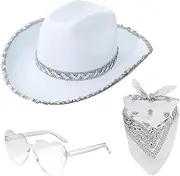[Generic] Cowgirl Hats Set Cowboy Hat Women Sparkly Cowboy Hat with Bandana and Heart Sunglasses Cowgirl Accessories for Women
