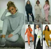 Womens Ladies Chunky Knitted High Roll Neck Top Bottom Lounge Wear Tracksuit Set