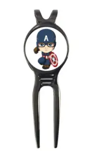 Captain America Chibi Marvel Golf Ball Marker + Black Gunmetal Divot Tool
