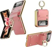 [JOJOBE] Leather Phone Case for Samsung Z Flip 4 5G Case, Simple Fashion Litchi Texture PU Leather Cover for Samsung Galaxy Z Flip4 Slim Case with Ring Women Pink