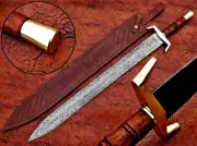 DAMASCUS STEEL FORGE HUNTING WARRIOR SWORD BRASS GUARD POMMEL WALNUT WD GRIP