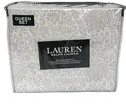 Lauren Queen Sheet Set 4 Pc Gray White Medallion Floral French Country Paisley Leaves Vines Cotton Bedding