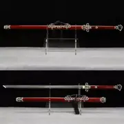 Folded Steel Chinese Dao 唐横刀 Brass Sword KIRIHA-ZUKURI Lapacho Sheath Display.