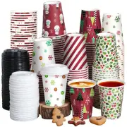 100 Pieces 12 oz Christmas Paper Cups with Lids, Disposable Coffee Cups for C...