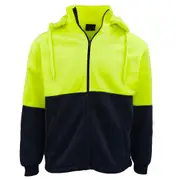 Hi-Vis Thick Sherpa Fur Fleece Hoodie Zip Jacket Jumper Detachable Hood Workwear - Fluro Yellow / Navy