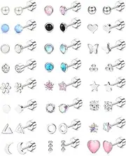 [Diamday] 24 Pairs Stainless Steel Stud Earrings Set for Women Men Star Moon Heart Flower Opal 20G Tiny Cartilage Screwback Earrings Hypoallergenic Flat Back Helix Conch Piercing Jewelry
