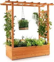 Giantex Raised Garden Bed with Arch Trellis, Hanging Roof, Planter Box, Drainage Holes, Vertical Plant Container for Vine Climbing Plant Flower, Indoor Outdoor Wood Planter for Garden Patio Balcony
