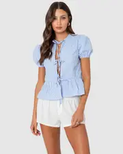 EDIKTED Womens Puffed Sleeve Tie Front Top BLUE-AND-WHITE