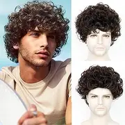 QUEENTAS Brown Men's Wig Short Curly Wigs for Men Synthetic Costume Anime Hair Wig for Cosplay Daily Use